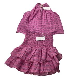 La Mand Pink Floral Two Piece Set Smocked Ruffle Mini Skirt & Halter Top S NWT